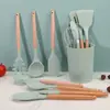 Barril de armazenamento spot transfronteiriço Cabo de faia Utensílios de cozinha de silicone Conjunto de 13 peças de utensílios de cozinha de silicone de sete cores Conjunto de 12 peças