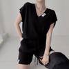 Chique Coreano Casual Gola V Manga Curta Malha Top Feminino + Conjunto de Shorts com Cordão Moda Feminina de Verão Conjunto de Duas Peças