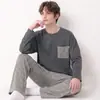 Pijama para hombre al por mayor transfronterizo, algodón puro, otoño e invierno, manga larga, cuello redondo, a rayas, casual, talla grande, conjunto de ropa de casa para hombre