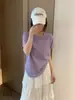 Ying+ Treze Linhas Cor Sólida Simples Manga Rebatível Floco de Neve Algodão Camiseta Gola Redonda Emagrecedora Versátil Manga Curta M36-445 Versão Lisa