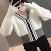 Cardigan de Punto con Capucha y Rayas en Contraste de Nuevo Estilo Otoño e Invierno con Doble Cremallera Estilo Coreano Holgado Adelgazante Estilo Perezoso Chaqueta Suéter