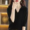 Suéter Nuevo de Cuello V para Primavera y Otoño 2026 Camiseta de Manga Siete para Mujer Top de Punto Holgado de Media Manga Capa Base Top para Mujer