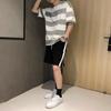 Playera de Manga Corta a Rayas para Hombre Verano Trendy Marca Retro Cuello Redondo Camiseta Básica Holgada Casual Versátil Top de Cinco Puntos para Pareja