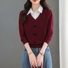 Suéter Feminino de Manga Comprida Falso Duas Peças 2025 Primavera e Outono Novo Estilo Lapela Polo Tricotado Camisa de Base Blusa com Laço