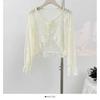 Blusa de encaje de manga larga acampanada con encaje calado, dulce, corta, con volantes y protección solar, para verano