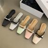 Zapatillas de Mitad de Zapato Cuadrado de Satén Francés con Lazo para Mujer, Zapatos Planos de Tacón Bajo