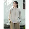 Estilo Nuevo de Primavera y Otoño Estilo Chino Nuevo Algodón y Lino Algodón Puro Ropa de Mujer Temperamento Estilo Nacional Cuello Alto Jersey Camisa de Manga Larga Literario Retro