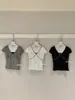 WGWE2026 Verano Mujer Estilo Coreano Retro Diseño de Puntos Contrastantes Versátil Adelgazante Cuello en V Manga Corta Camiseta W9576