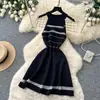 Vestido de Punto Sin Mangas Calado a Rayas Estilo Coreano para Mujer, Vestido de Verano de Cintura Alta Línea A, Vestido Corto Elegante y Sofisticado para el Trabajo