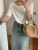 Toma real: Top casual simple y versátil de estilo coreano, color liso, hombros descubiertos, corte ajustado, holgado para mujer, para usar como prenda exterior 19586
