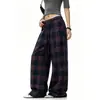 Pantalones Casuales de Cuadros Bloque de Color Retro Americano Otoño Sueltos Pierna Ancha Diseño Vintage Versátiles Cintura Baja Largos