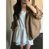 Chaqueta corta de color block retro americano con cuello alto y fruncido para mujer, top casual holgado vintage con cremallera para otoño e invierno