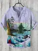 Camisa de Manga Corta con Cuello en V de 3 Botones, Estampado Digital, Paisaje de Carpas 3D Digital con Transferencia de Calor, Transfronteriza Europea y Americana 2024