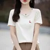 Camiseta de Hilo de Algodón Puro de Color Sólido con Cuello Redondo y Mangas Cortas para Mujer, Holgada y Cómoda, Camiseta de Hilo de Algodón Puro, Tejido de Punto Fino de Manga Corta, Nuevo Estilo de Verano