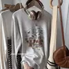 Camiseta de Manga Longa de Algodão Puro com Estampa de Desenho Estilo Coreano High Street Bf para Mulheres, Primavera e Outono, Top Versátil de Alto Padrão Bf Preguiçoso Casual