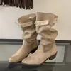 Botas de tacón grueso punta fina caña alta plisada apiladas para mujer 2026 nuevo verano otoño estilo Western cowboy media caña de caballero botas largas