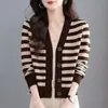 Nuevo Cárdigan de Punto a Rayas Retro para Mujer Primavera Otoño Versátil Moda Reductor de Edad Holgado Elegante Prendas de Punto Top Abrigo