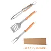 Set de Herramientas para Barbacoa de Acero Inoxidable para Exteriores con Mango de Madera de Haya Espátula Tenedor Pinzas Combinación de Set para Parrilla Set de Barbacoa de 4 Piezas