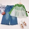 Conjunto de Otoño para Niña Estilo Mori 2026 Nuevo Elegante Malla de Lunares con Tirantes Ropa de Otoño para Niños Conjunto de Tres Piezas