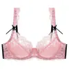 Lingerie sexy europeia e americana para mulheres com bustos grandes, anti-queda, push-up, conjunto de sutiã transparente de renda ultrafina plus size