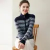 Chaqueta de Punto de Cachemir a Rayas para Mujer 2025 Otoño e Invierno Nuevo Estilo Simple Casual Efecto Adelgazante Prendas Versátiles Venta al por Mayor
