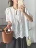 Camisa de Algodão Bordada Estilo Chinês Retro Artístico Blusa Pulôver de Manga Curta com Pregas de Organza de Temperamento para Mulheres