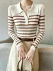 Nuevo Suéter de Punto Andy de Terciopelo con Cuello Polo de Manga Larga para Mujer Bloque de Color Rayas Ajustado Camisa Base Otoño/Invierno 2026
