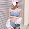 Traje de baño nuevo de Corea del Sur para niña, pequeño, fresco, con correa azul, blanco, de madera, con orejas divididas, traje de baño conservador para mujer, venta al por mayor