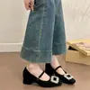 Sapatos Mary Jane cinza de lã estilo Chanel com bico quadrado e strass, novo modelo 2026, corte baixo, forrados com pelúcia, salto grosso, sapatos de salto único