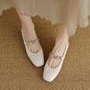 Zapatos Mary Jane con Capa Superior de Plisado Suave, Piel de Vaca, Cadena de Perlas, Tacón Bajo Grueso, Punta Redonda, Cuero Genuino, Zapato de Capa Única para Mujer, Primavera 2025