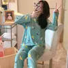 Pijama Feminino Manga Longa Abacaxi Verde Seda de Leite Confortável Estilo Fresco Conjunto Fino de Duas Peças Estudantes Podem Usar Roupa de Casa