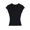 Top de malha sexy e atraente com decote V mojito e mangas curtas tipo babado, camiseta versátil de verão com costela vertical acinturada e caimento justo