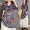 Nova Camisa Casual Vintage Estampada de Linho de Verão Japonesa e Coreana Camisa Vestido Artística Solta com Decote V de Manga Média de Comprimento Médio