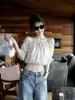 Blusa de chiffon com renda floral ombro a ombro para mulheres, top curto casual de design vintage de verão