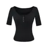 Camiseta de Color Sólido con Botones, Cuello en U Amplio, Mangas Medias, Estilo Puro Deseo, Nuevo Estilo de Verano, Elástica Ajustada, Top Básico Corto para Mujer Estilo Hot Girl