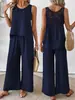 Amazon Ropa de Mujer Transfronteriza Europea y Americana Conjunto Casual de Dos Piezas de Algodón y Lino con Espalda Calada + Pantalones de Pierna Ancha