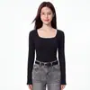 Ombro reto gola quadrada caimento justo fina camada base cor lisa outono roupa camiseta manga longa feminina nova versátil quente camisa de camada base