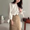 Chic Coreano 2026 Primavera y Verano Nuevo Diseño Corbata de Lazo Mangas de Linterna Mangas de Tres Cuartos Camisa de Cuello Redondo para Mujer