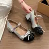Zapatos Mary Jane de Nuevo Estilo para Verano, Zapatos de Cuero con Tacón Alto Estilo Francés Bloque de Color Lazo Inspirado en Chanel Perla Correa Única