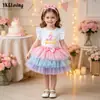 Roupa de Primeiro Aniversário para Menina: Camiseta com Manga Flare, Saia de Tela Arco-Íris, Acessório de Cabelo - Vestido de 3 Peças para Foto de Festa