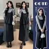 Conjunto de Maternidad Otoño/Invierno Estilo Nuevo Cuello de Encaje Top de Lunares Vestido de Lana Conjunto de Dos Piezas Cubre Vientre Adelgazante Vestido Largo