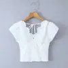 7737-26 Estilo Novo de Início de Primavera Camisa Jacquard Tridimensional Estilo Francês Menina com Zíper nas Costas, Mangas Bufantes e Decote em V