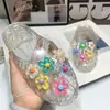 Decorações Populares de Sapatos de Cristal do Xiaohongshu, Sandálias de Cristal Florais Femininas, Chinelos Florais, Sapatos de Gelatina Coreanos, Tamancos