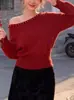 Suéter Off-Shoulder de Pérolas Bordadas para o Ano Novo Francês, Design Outono/Inverno 2026, Novo Tricô Soltinho
