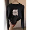 Camiseta preta de algodão puro com manga longa e ombro reto, padrão espinha de peixe, tendência de outono para mulheres, top versátil slim fit da moda ins
