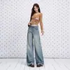 Jeans rectos de pierna recta para mujer, color azul oscuro retro desgastado lavado con efecto bigote de gato, colección de principios de otoño 2026, adelgazantes y con textura