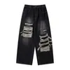 Jeans rotos de diseño retro de alta costura de nicho estilo americano para hombre, pantalones de otoño de cintura alta, holgados, estilo callejero, largos hasta el suelo