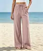 2026 Amazon Calça de Linho Casual de Cintura Alta com Cordão e Bolso Lateral de Perna Larga Calça de Perna Larga Fluida para Praia Elástica