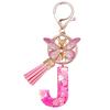 Llavero de resina rosa con iniciales del alfabeto, borla y colgante de mariposa para mujer, cartera