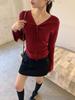 Huang Zheng Diseño Estilo Coreano Cuello en V con Cordones Manga Larga Tejido para Mujer Ajustado Camiseta Básica 143My630